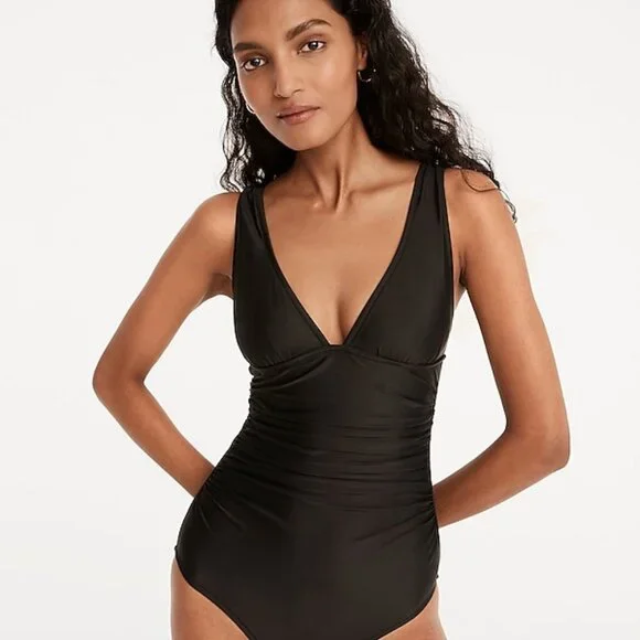 New J. Crew Ruched Black V-neck One-Piece P854 - Picture 1 of 4
